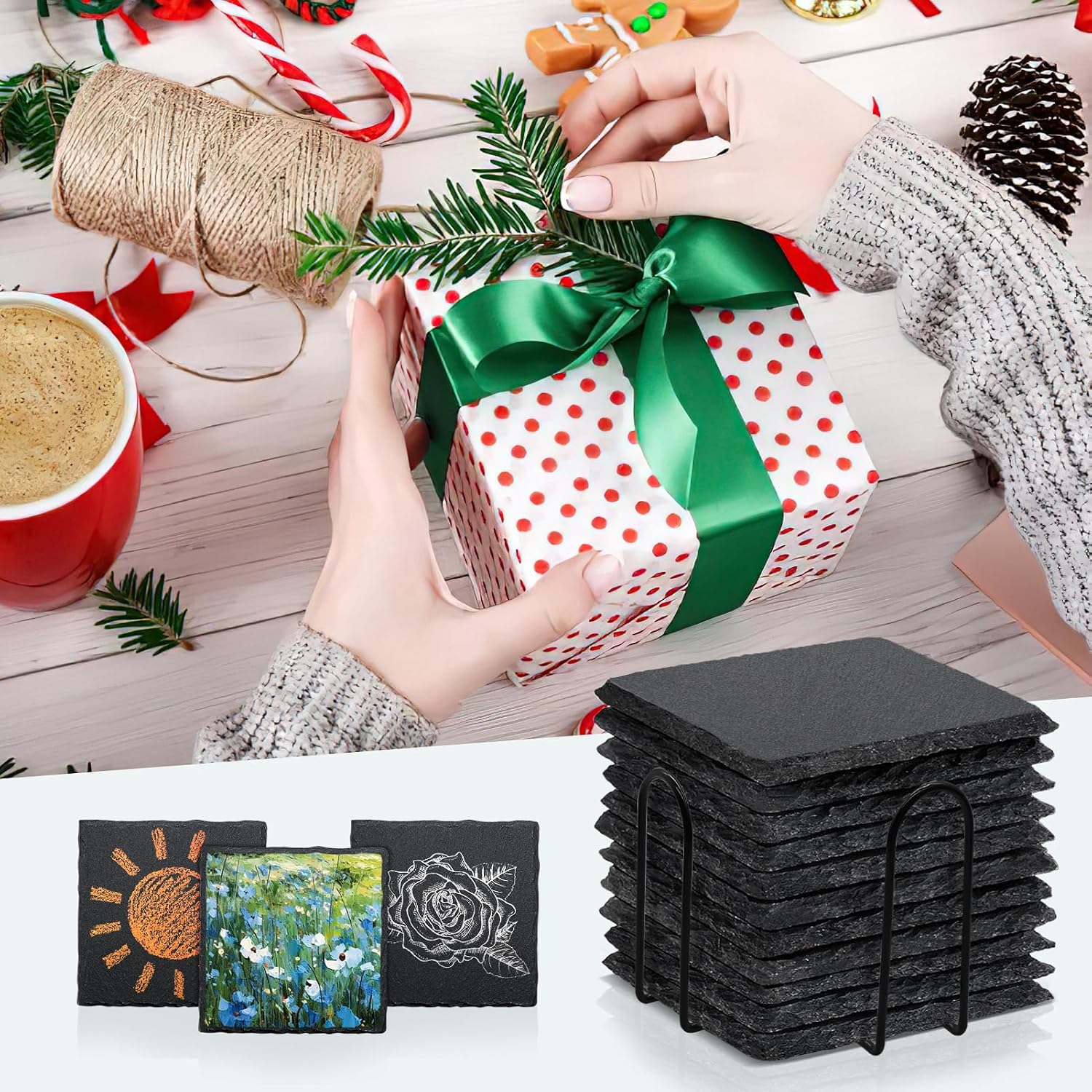 Square Slate Drink Coasters Set / 4 Square Coasters / Black / 4 Inch / Set of 4