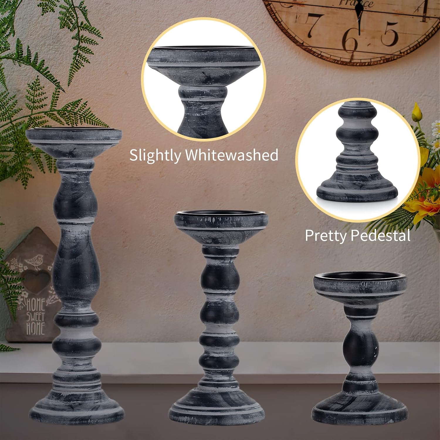 Romadedi Black and Gray Distressed Wood Pillar Candle Holders, Set of 3 | Rustic Farmhouse Wood Candle Set for Mantel