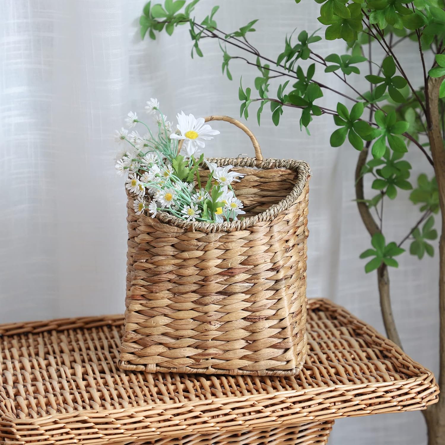Woven Hanging Basket Water Hyacinth Hanging Wall Basket Wicker Handmade Baskets / Seagrass Mouth