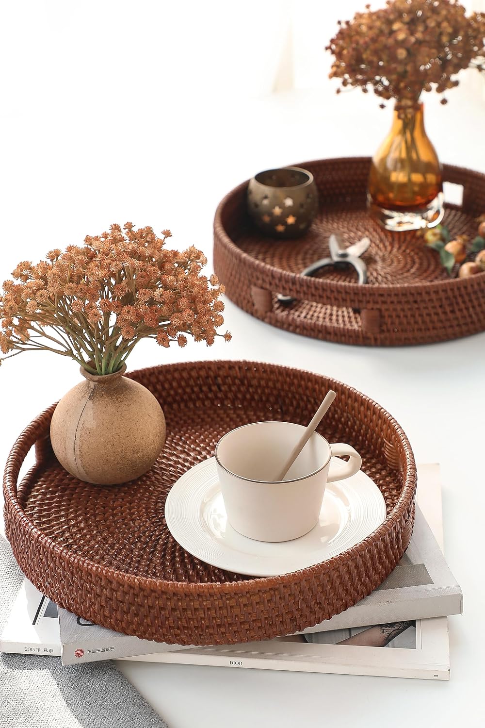 11.8" Hand-Woven Round Rattan Serving Tray Decorative Wicker Trays / Medium / Brown