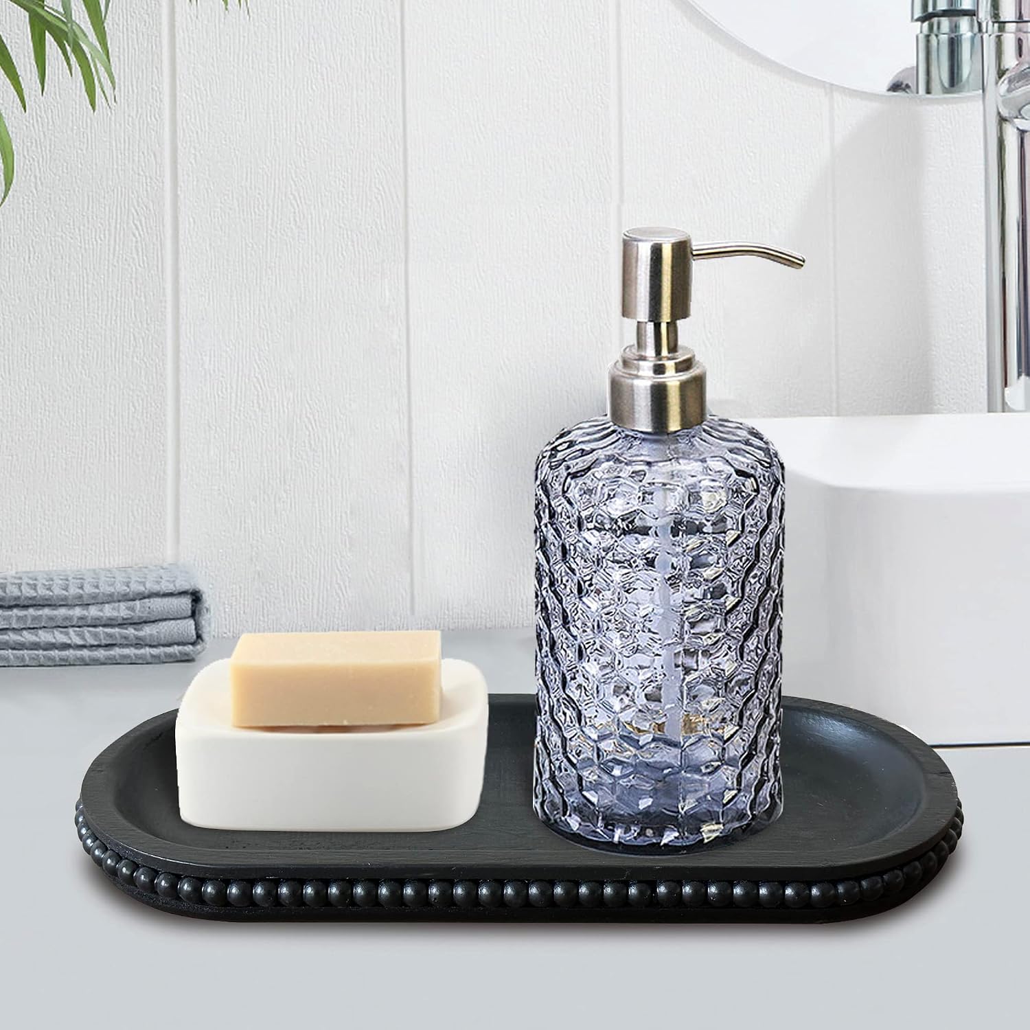 Rustic Beaded Tray / Black / 12 Inch