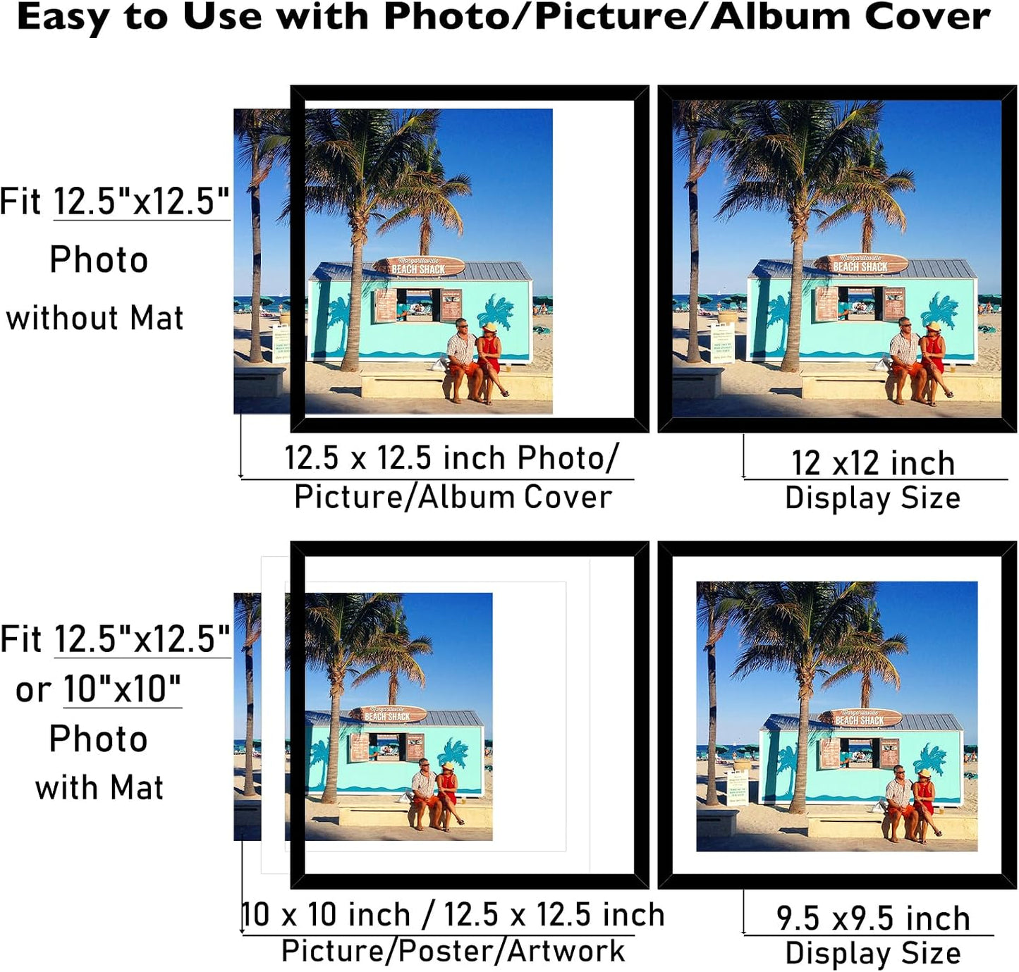 JCJMY 6 Pack 12.5x12.5 Record Frame with 10x10 Mat for Vinyl Record Album Cover Poster, Display Picture 10x10 with Mat