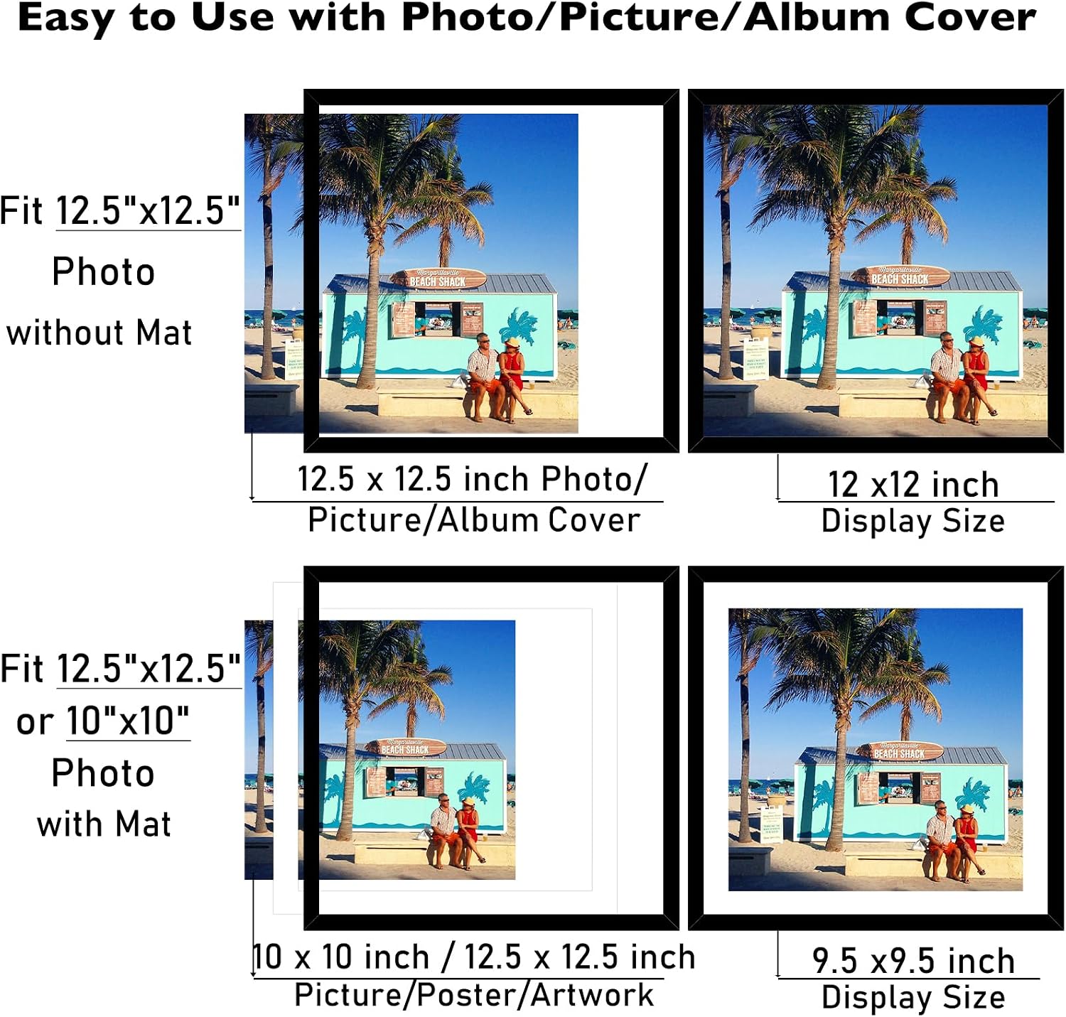 JCJMY 6 Pack 12.5x12.5 Record Frame with 10x10 Mat for Vinyl Record Album Cover Poster, Display Picture 10x10 with Mat