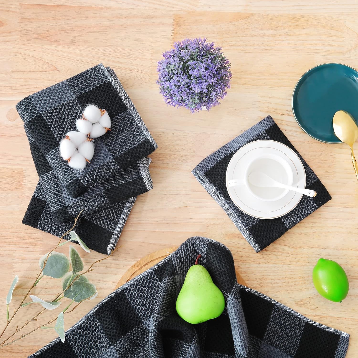 Homaxy Kitchen Towels and Dishcloths Set, Set of 12, Black & Grey | Bulk Cotton Waffle Weave Check Plaid Kitchen