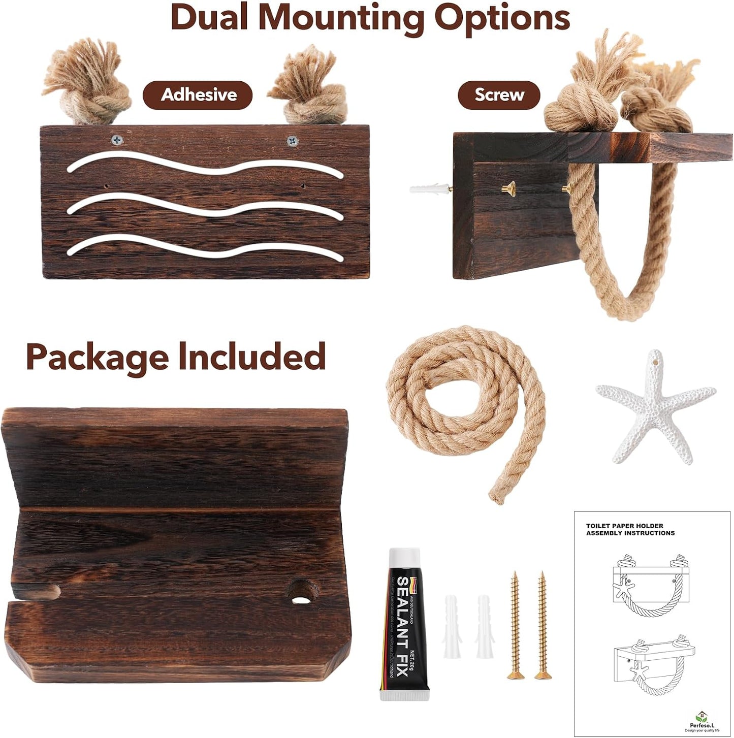 Wooden Toilet Paper Holder with Shelf Farmhouse Bathroom Decor | Rustic Rope Towel Rack Shelf Wall Mount Nautical Beach
