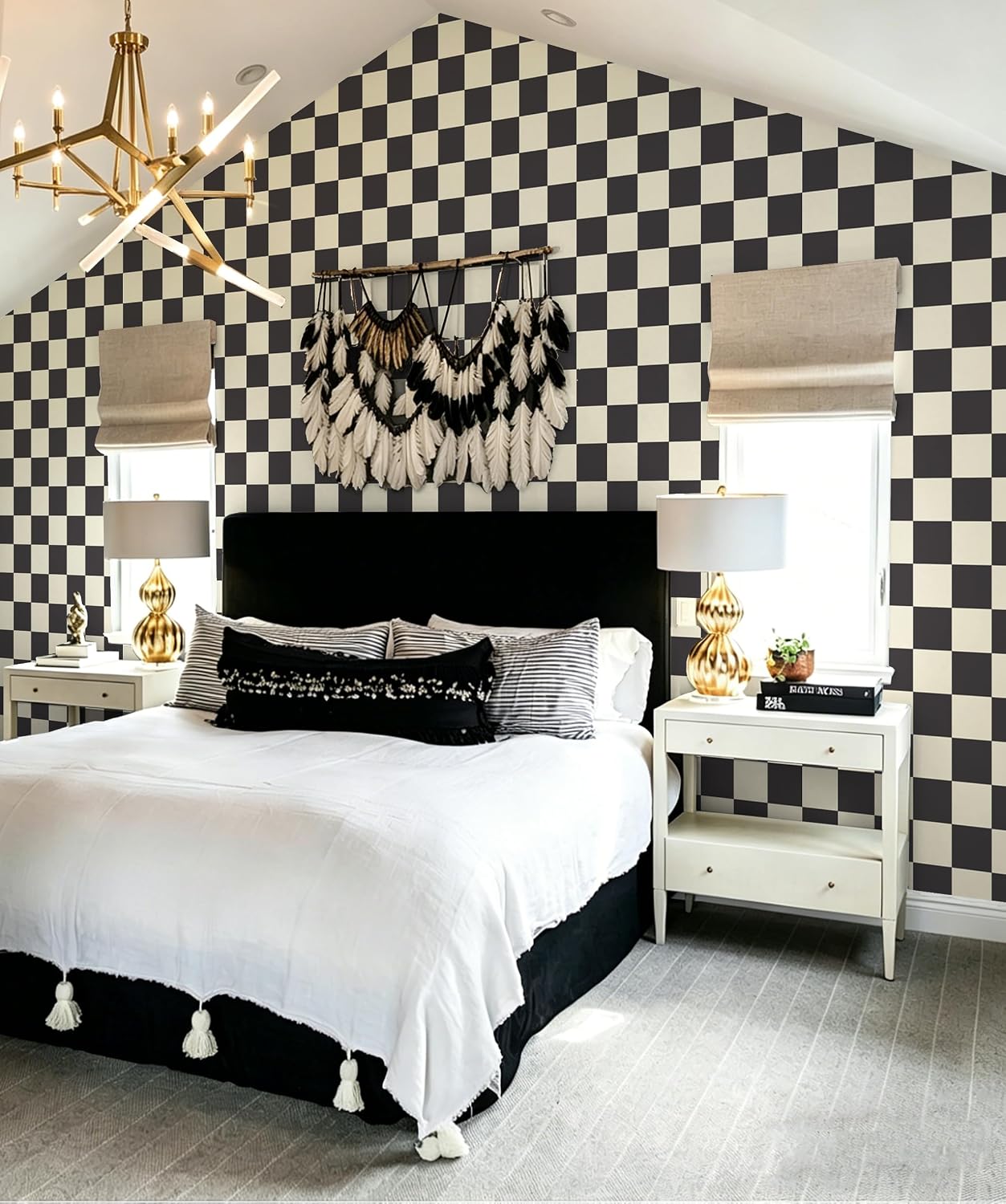 Checkered Wallpaper Black and White Cream Peel and Stick Wallpaper / 17.3 x 393.7 / Black and Cream