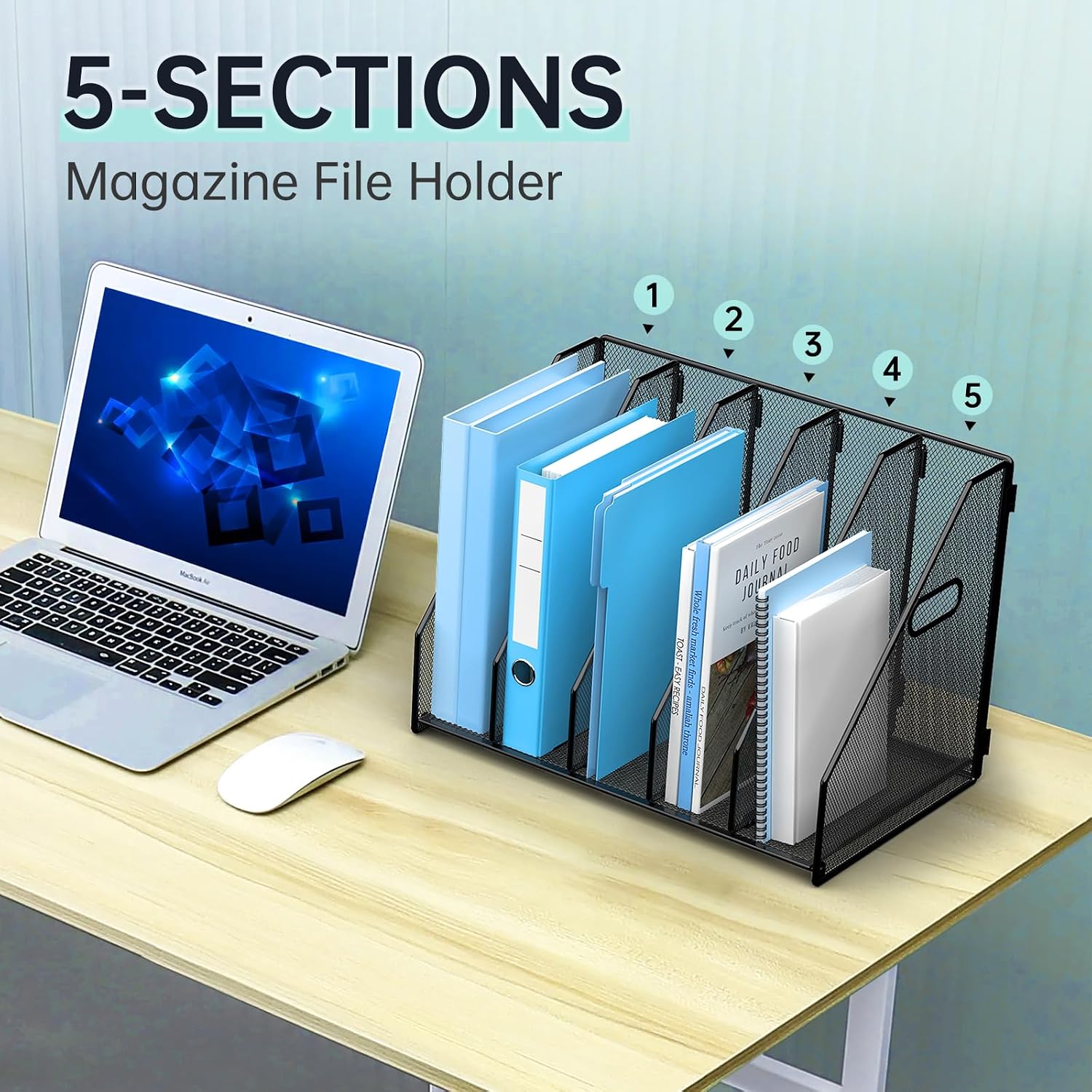 MINDEPOT Desk File Organizer Folder Holder with 5 Vertical for Office Black | Sturdy Metal Mesh, Magazine Folder