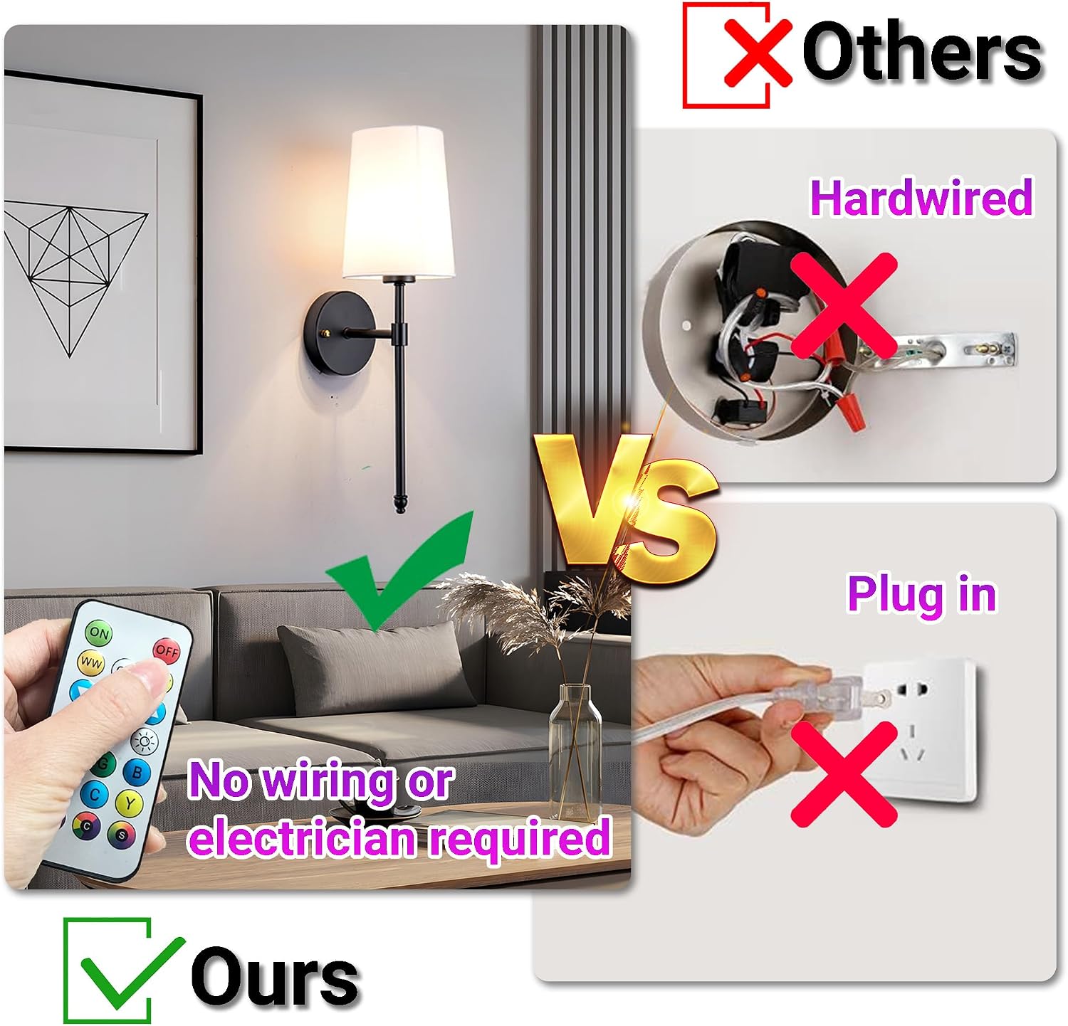 YHCDLAMP Battery Operated Wall Sconce Light with Remote Control, Dimmable Wall Sconce Set of 2 with White Fabric Shade