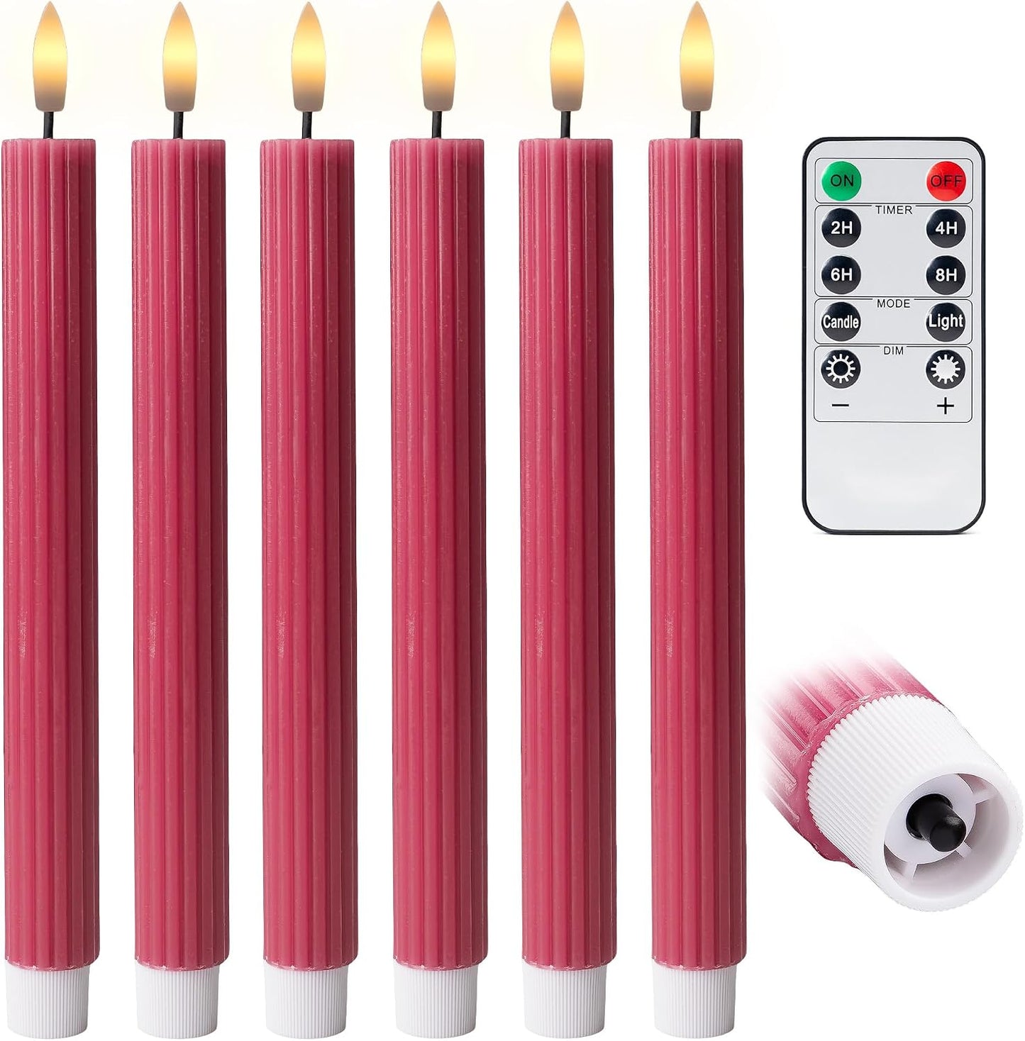 10" Fluted LED Pink Grooved Pillar Candles with 2 Remotes & 24h Timer Memory, On/Off Switch - Flameless Dimmable