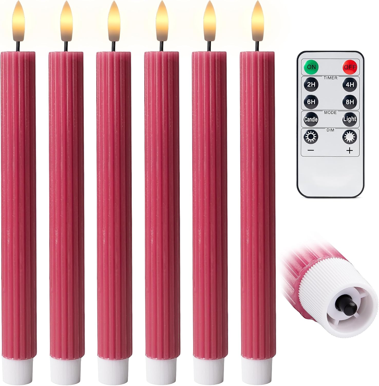10" Fluted LED Pink Grooved Pillar Candles with 2 Remotes & 24h Timer Memory, On/Off Switch - Flameless Dimmable