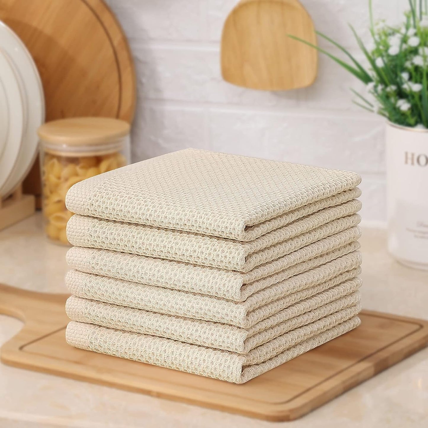 Kitinjoy 100% Cotton Waffle 12-Pack Kitchen Towels, 12" x 12", Beige | Ultra Absorbent, Super Soft, lightweight, Quick