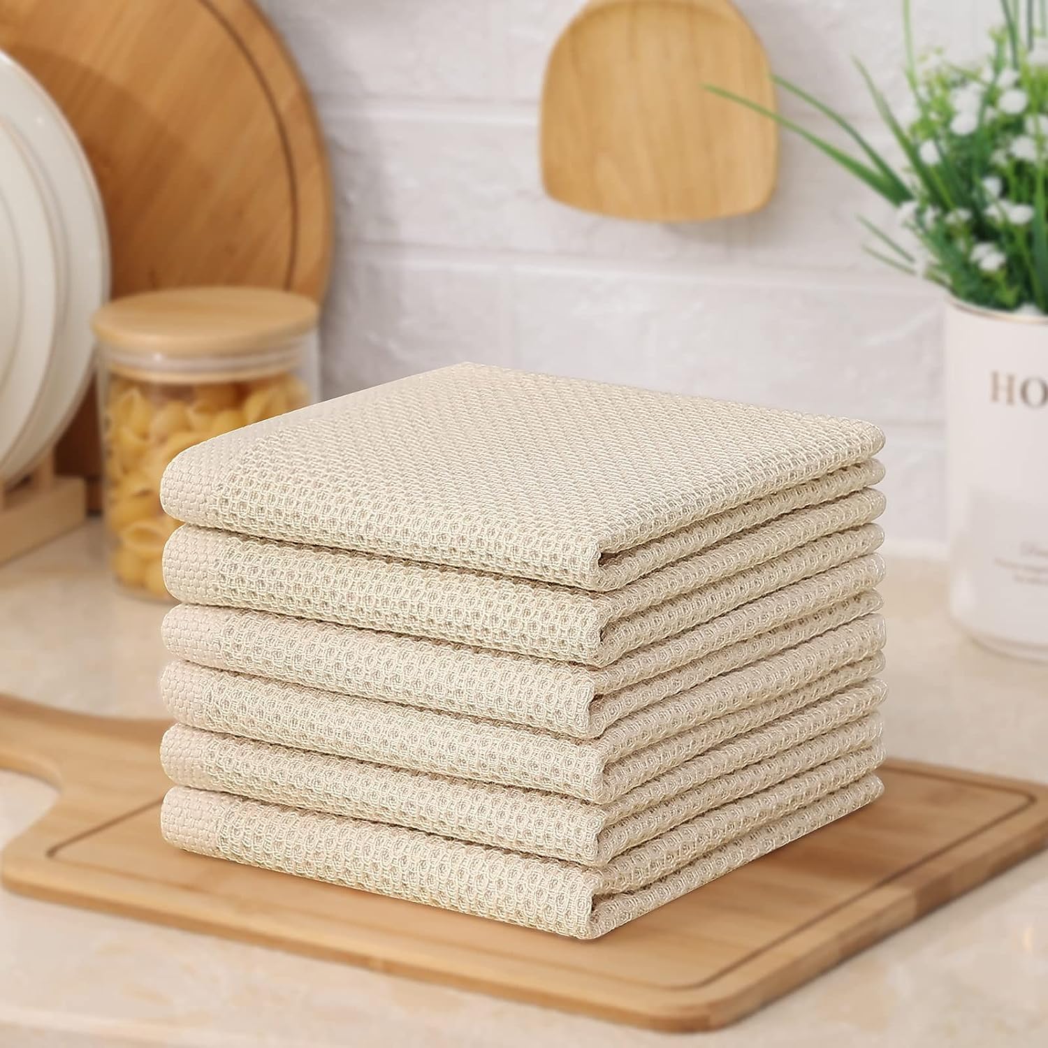 Kitinjoy 100% Cotton Waffle 12-Pack Kitchen Towels, 12" x 12", Beige | Ultra Absorbent, Super Soft, lightweight, Quick