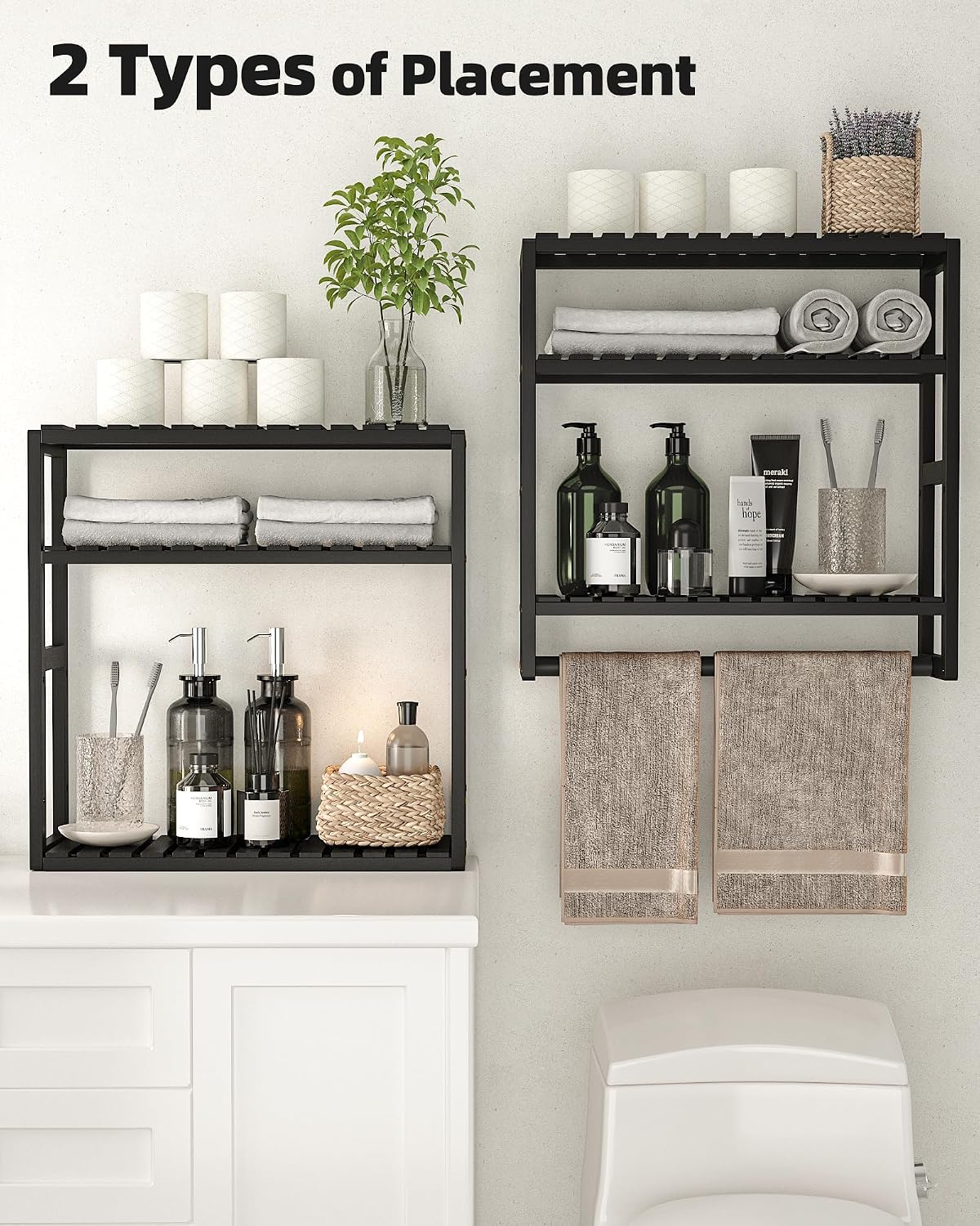 Galood Over The Toilet Storage Bathroom Shelves Wall Mounted 3 Tier Black-L | Space Saver Corner Shelf Organizer Bamboo