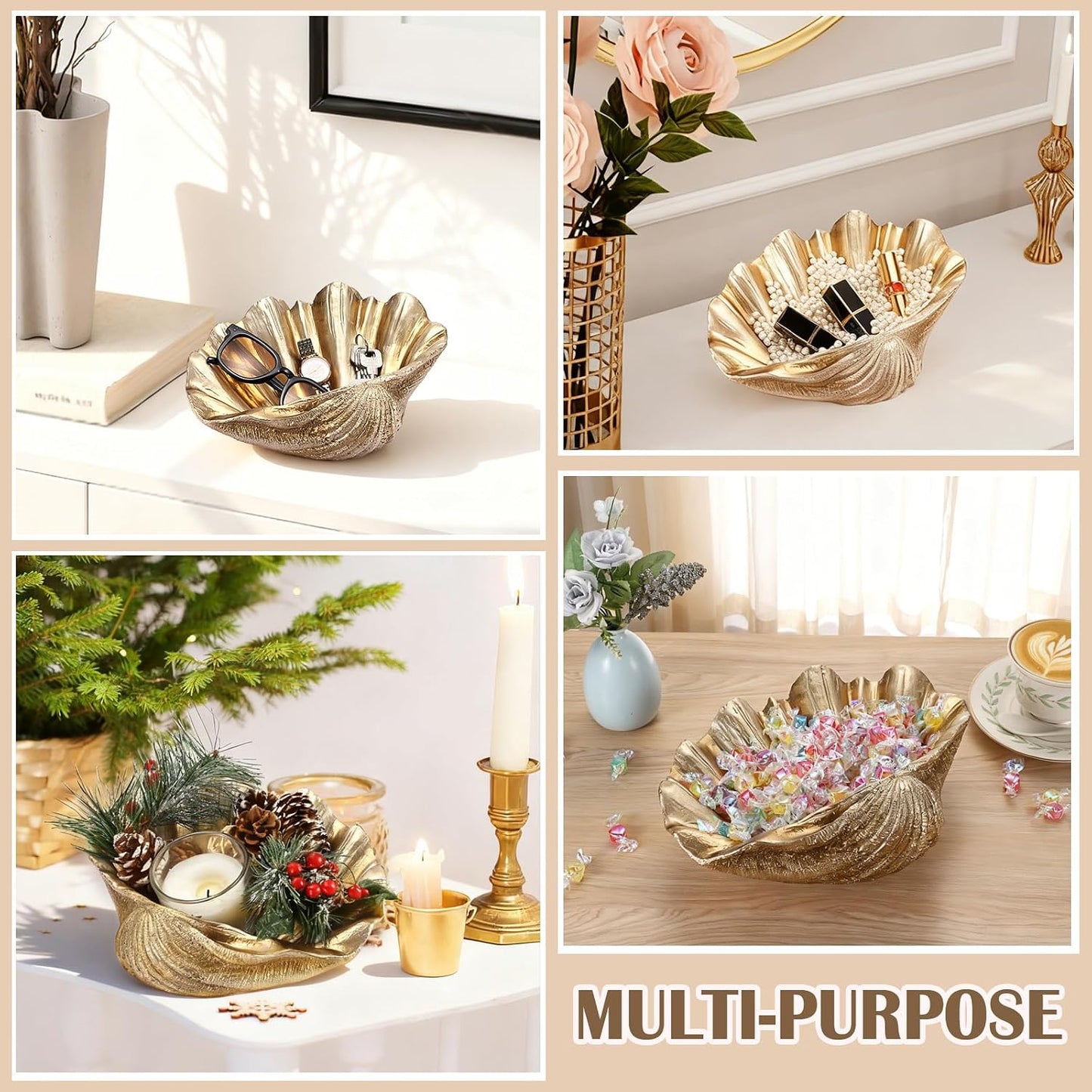 Decorative Key Bowl for Entryway Table Resin Clam Shell Bowl Coastal Beach / Gold / 9.8 x 8.3 x 3.5
