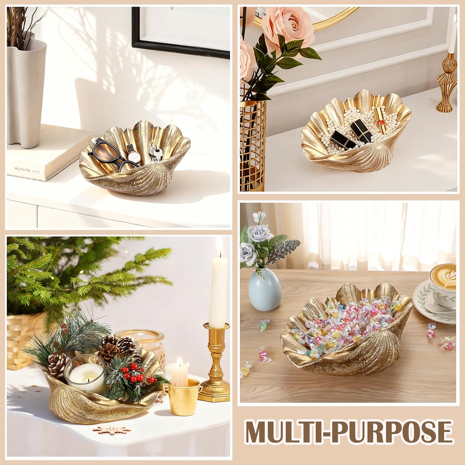 Decorative Key Bowl for Entryway Table Resin Clam Shell Bowl Coastal Beach / Gold / 9.8 x 8.3 x 3.5