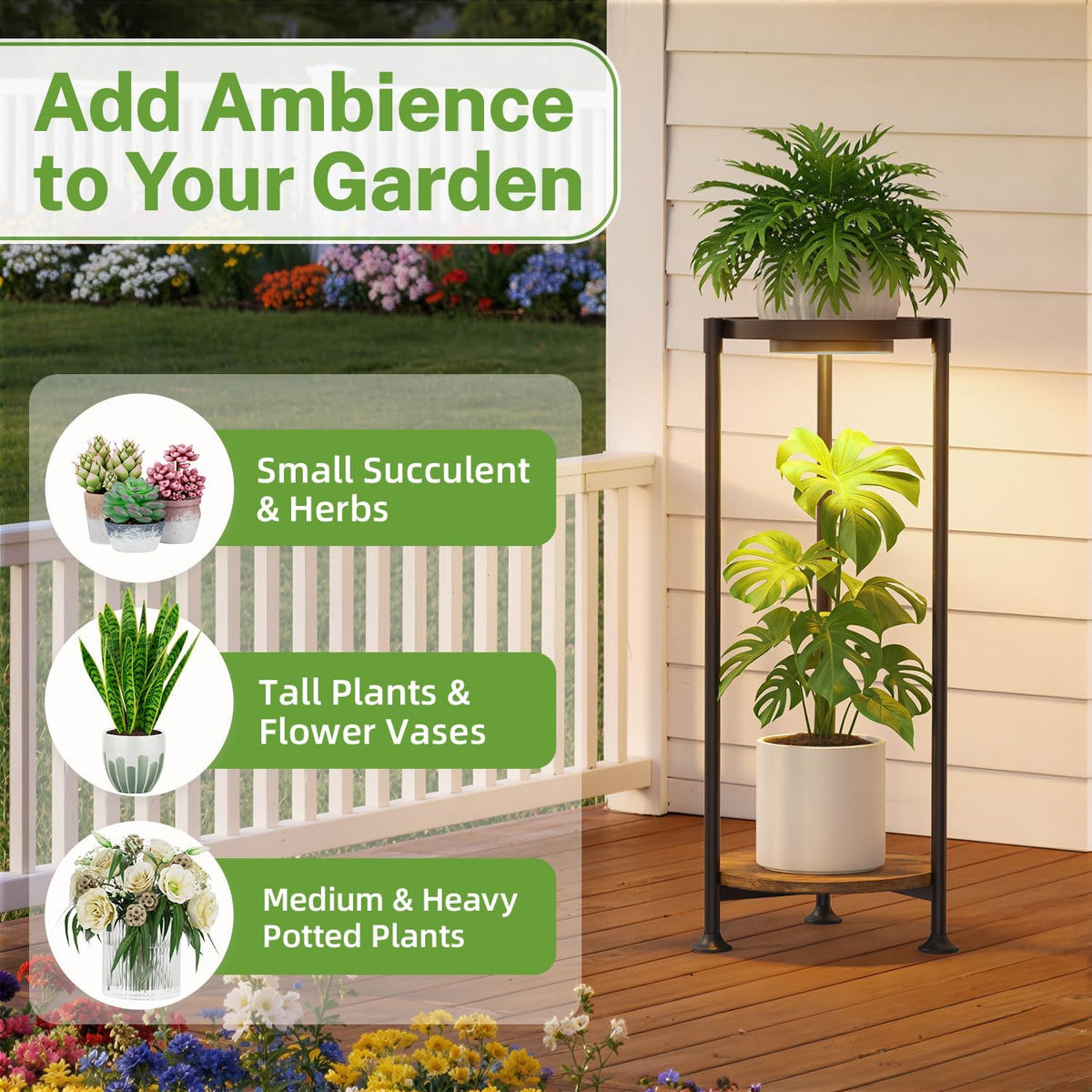 iDavosic.ly 2 Tier Corner Metal Plant Stand Indoor with Grow Light, Black | Vertical Outdoor Flower Display Holder for