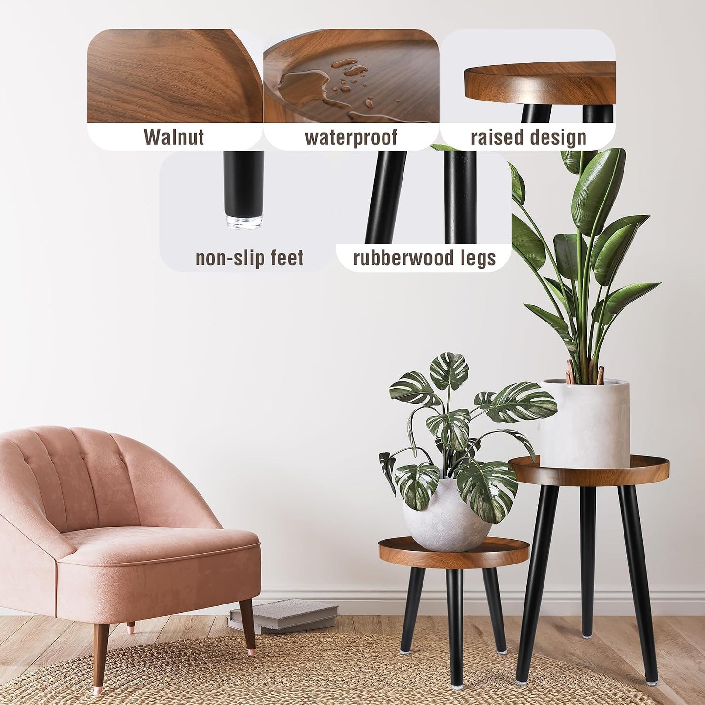 KGPLOME Indoor Plant Stand,Tall Stand with Raised Design(Walnut,12x10.8 in) | 2 Pack Wood Mid Century Plant Table in
