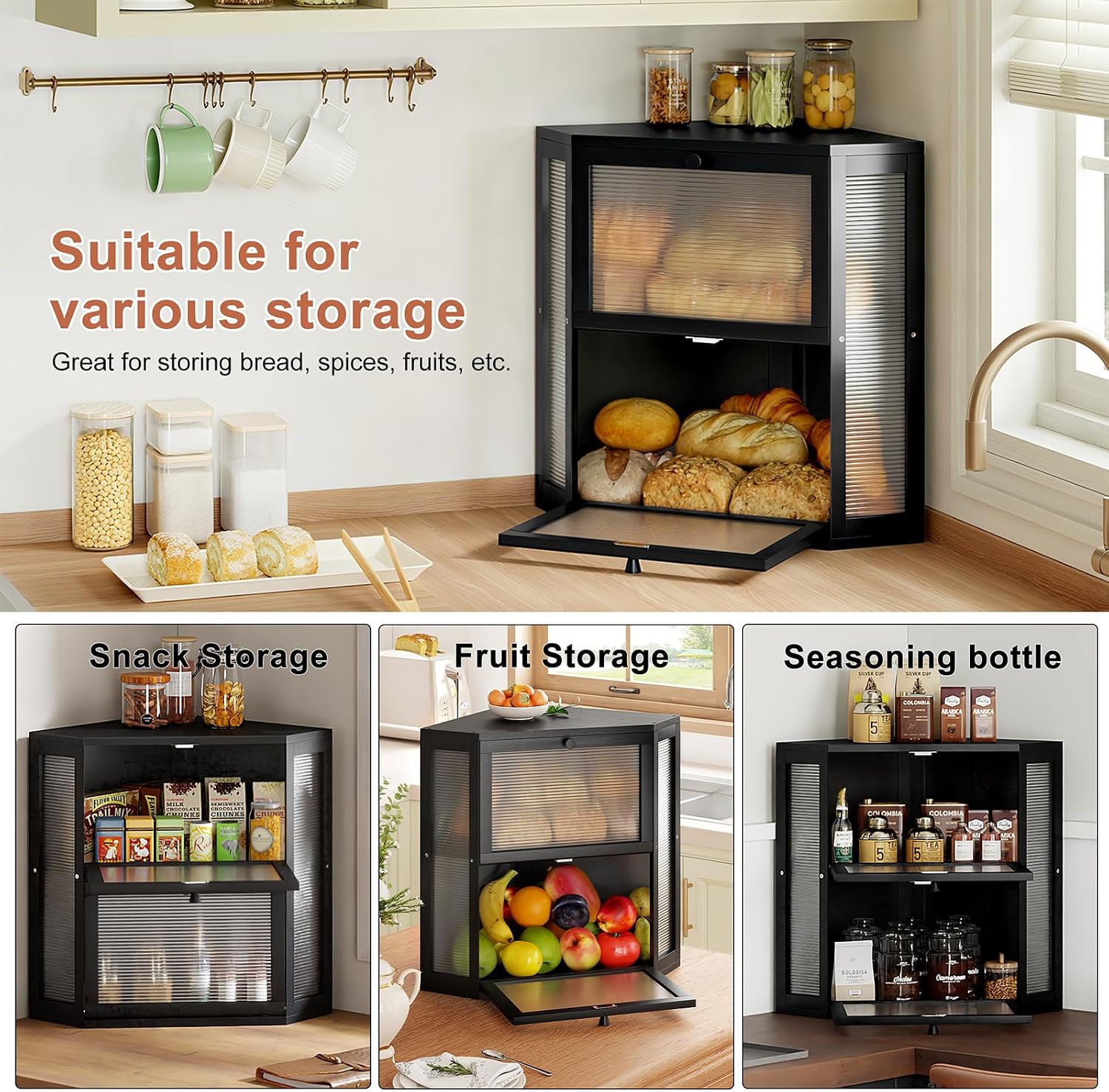 WOWLIVE Double Layer Corner Bread Box for Kitchen Countertop with 2 Doors | Bamboo Bread Storage Container, Large