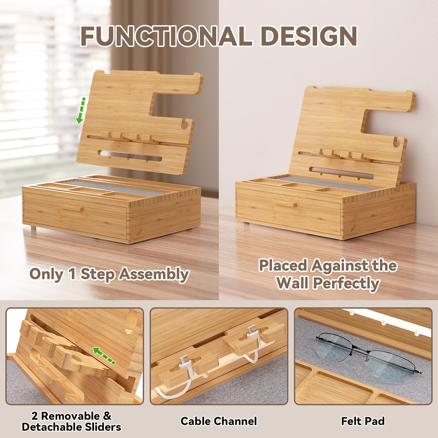 Pezin&Hulin Docking Station with Drawer, Nightstand Organizer (Nature) | Desk Organizer for Phones, Watch, Keys