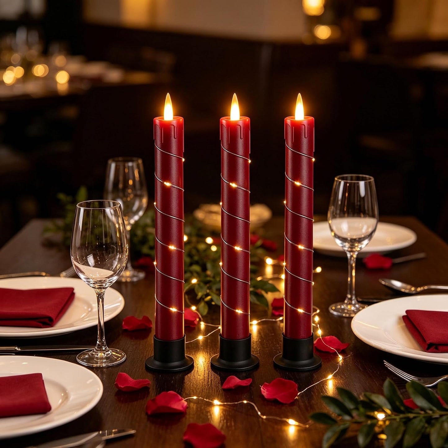 Da by 3 Pack Red Dripping Wax Flameless Candles, Realistic Dynamic Flame LED Taper Candles with Surrounding Fairy