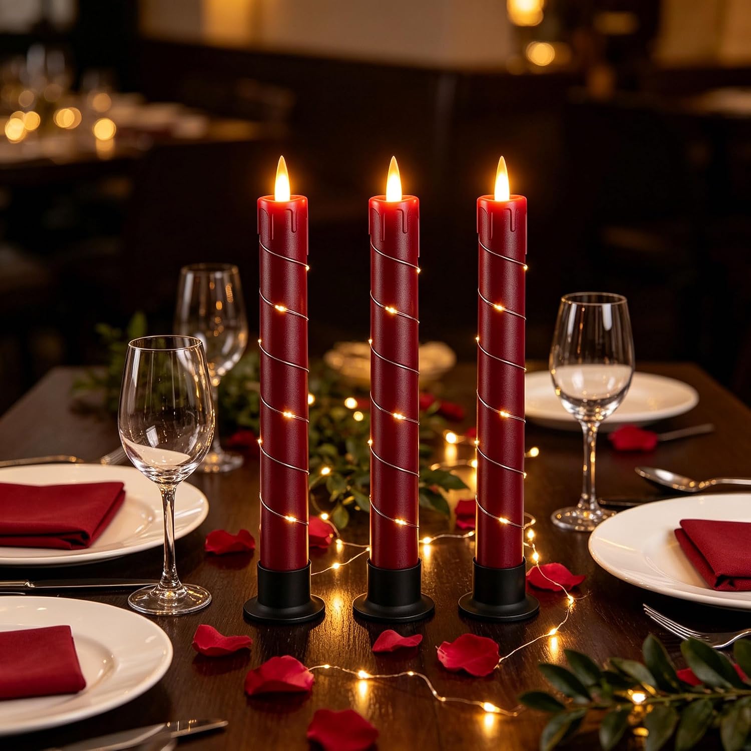 Da by 3 Pack Red Dripping Wax Flameless Candles, Realistic Dynamic Flame LED Taper Candles with Surrounding Fairy