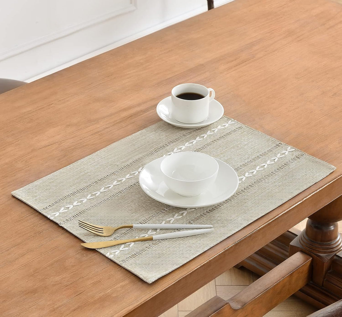 Wracra Cotton Linen Place Mats, Coffee Embroidered Placemats Set of 8 | Placemats 12 x 18 Inch; Cotton Linen Woven