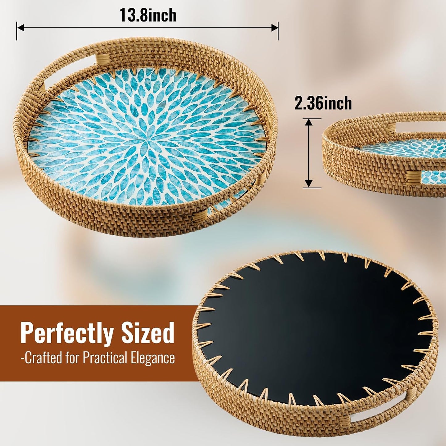in Round Rattan Serving Tray / Blue / 13.8 Inch