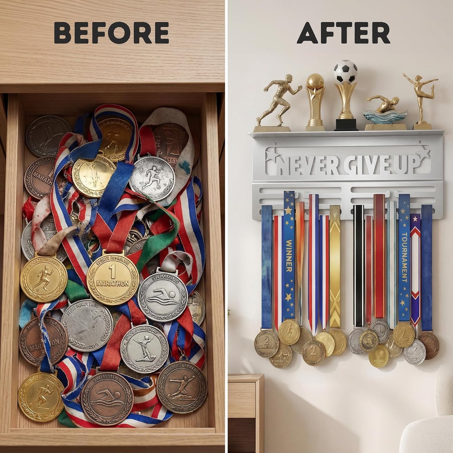 AGATHOS HOME Medal Hanger Display with Trophy Shelf - Metal Awards Rack for Walls Holds 64+ Sports Medals- Our Never