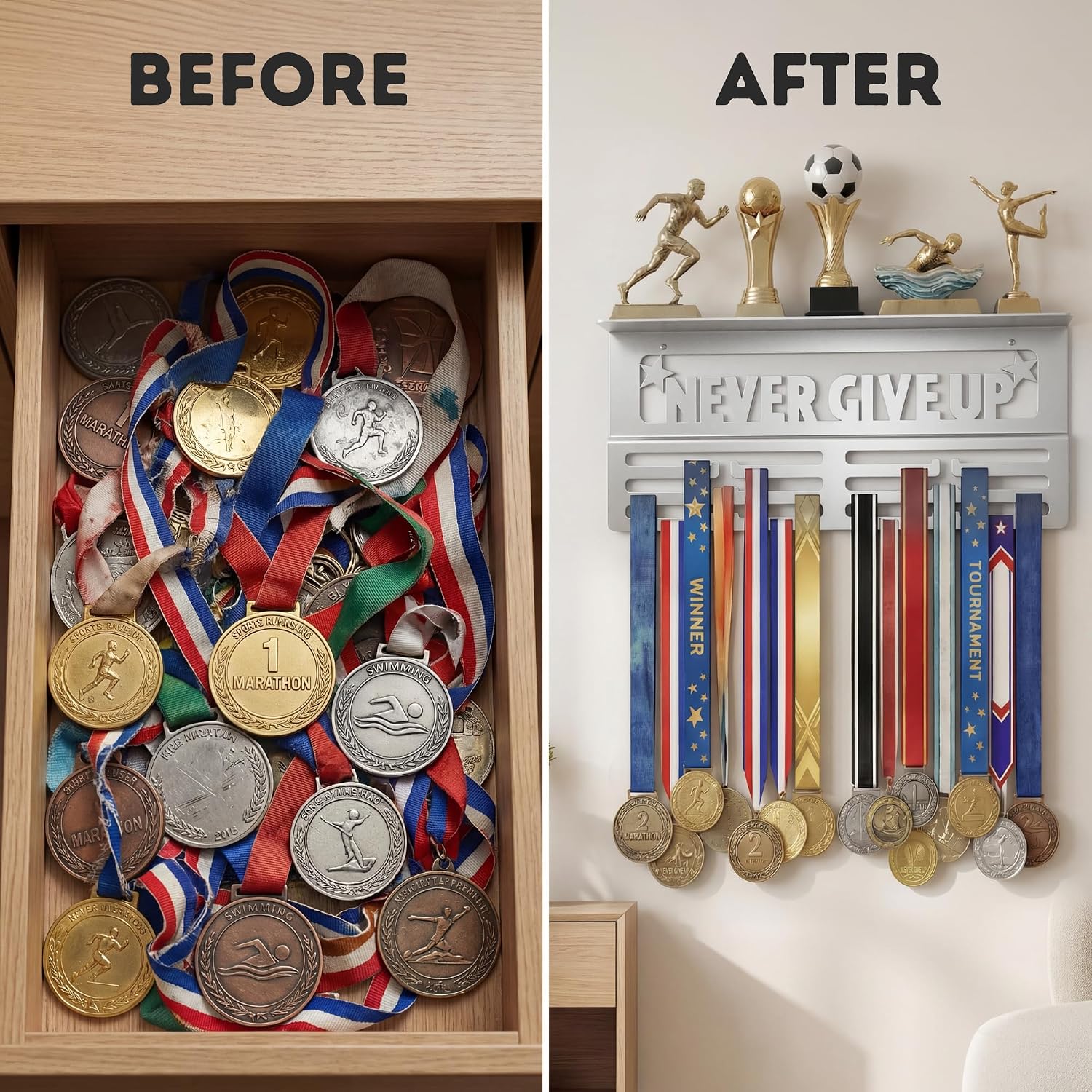 AGATHOS HOME Medal Hanger Display with Trophy Shelf - Metal Awards Rack for Walls Holds 64+ Sports Medals- Our Never