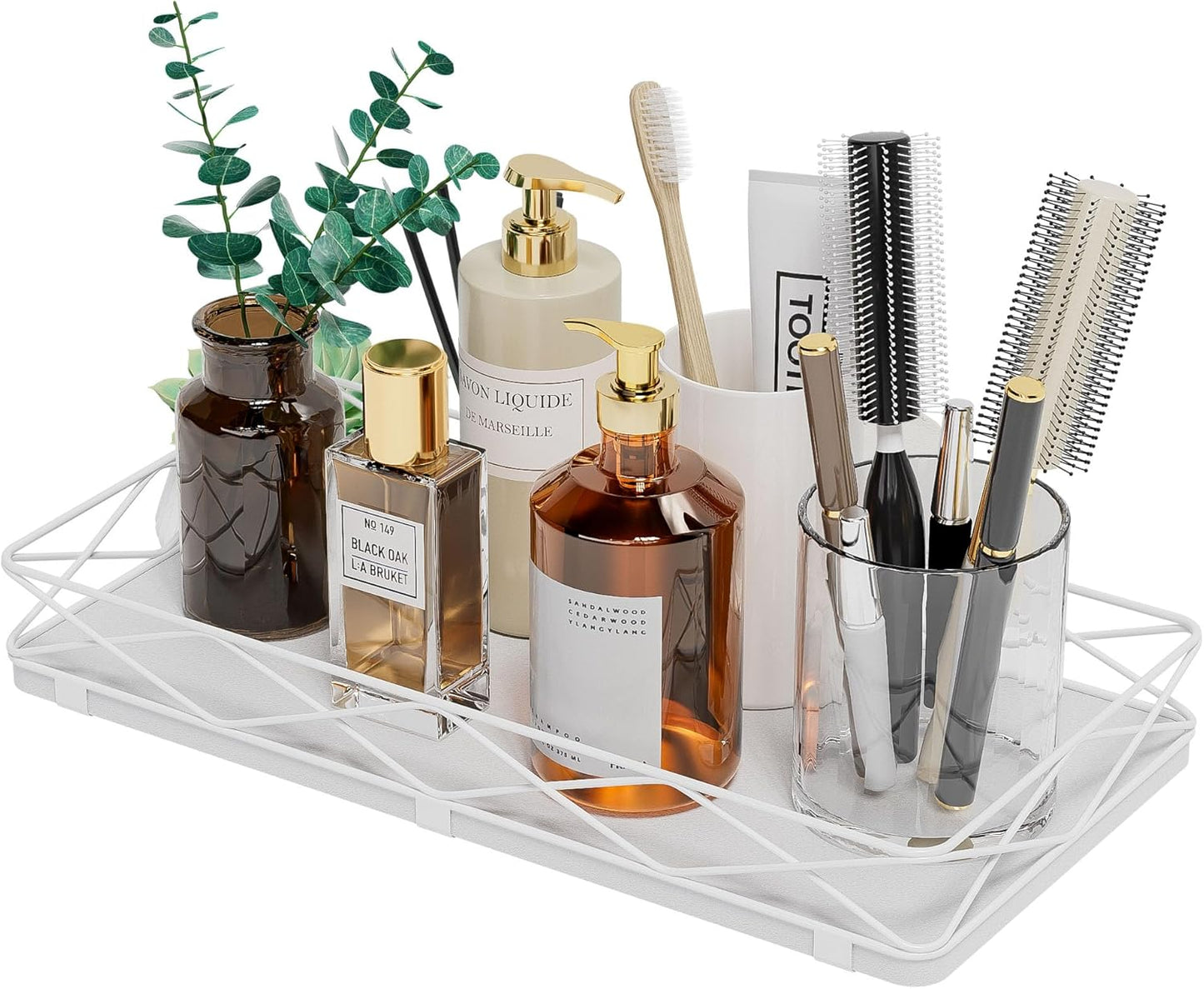Wood and Metal Toilet Tray Vanity Organizer Bathroom Tray / White