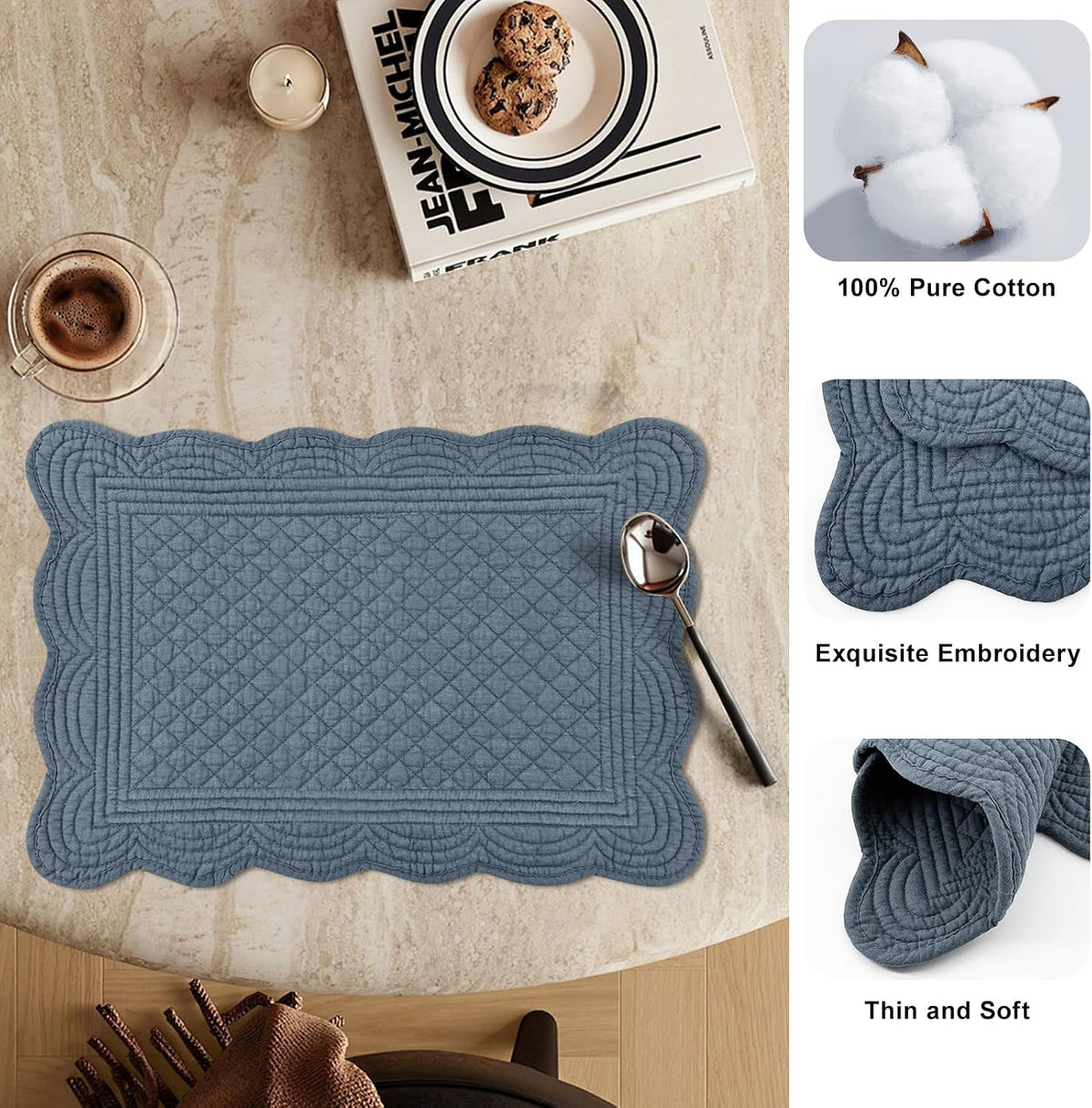 6 PC Quilted Placemats, 18"X13"Extra Large Cotton Placemats Set of 6, 100% Cotton Fabric Washable Cloth Table Mats for