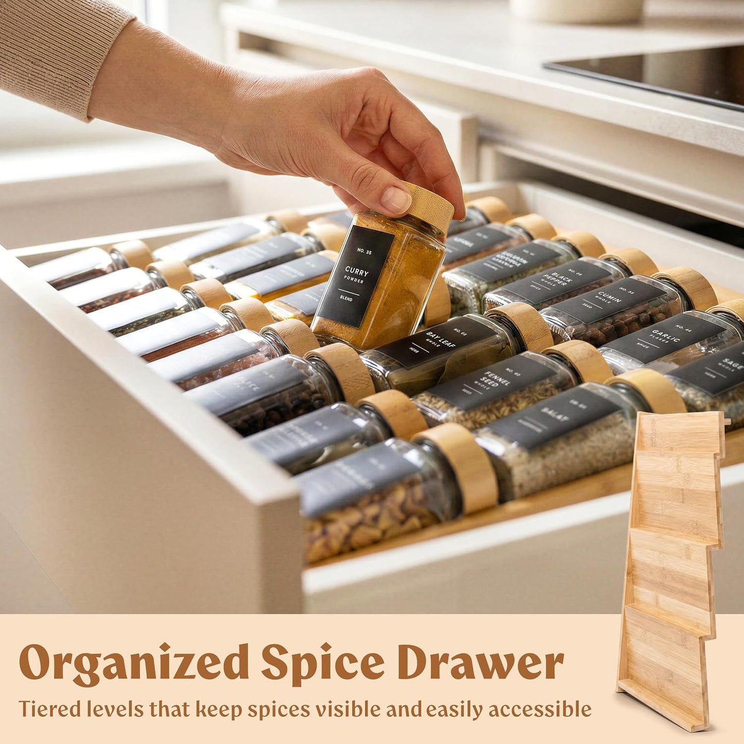 Bamboo Spice Drawer Organizer - Expandable 4 Tier Spice Rack (Need 3" Deep Drawer) 12" to 24" Wide, Seasoning