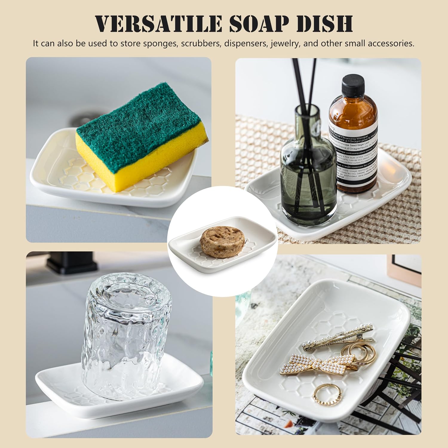 Ceramic Bar Soap Holder / White / Honeycomb