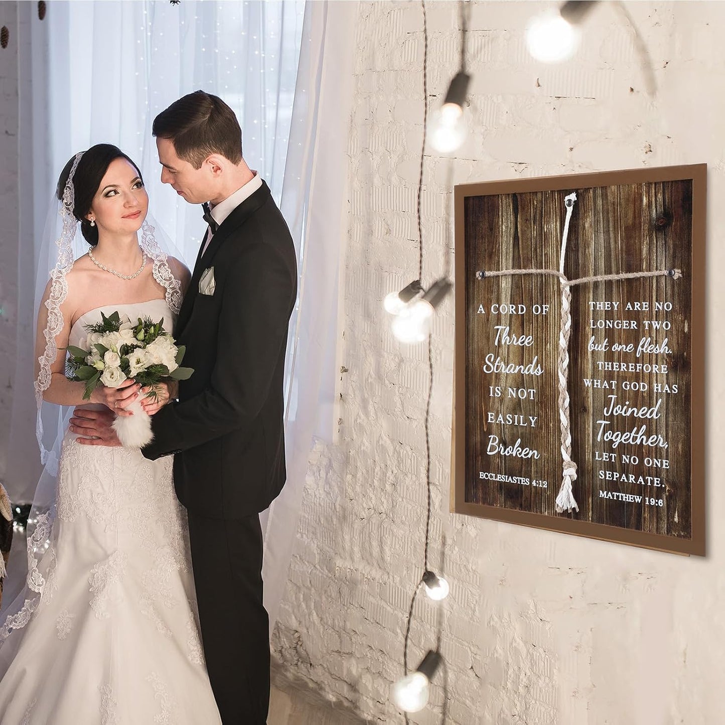 a Cord of Three Strands Christian Wedding Ceremony Knot Rope Decoration Bible / Wood Grain / 17 x 13