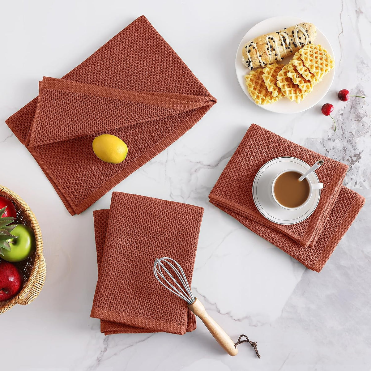 Homaxy 100% Cotton Oversized Waffle Weave Kitchen Towels 4-Pack, Rust | 20 x 28 Inches, Ultra Soft Absorbent Dish