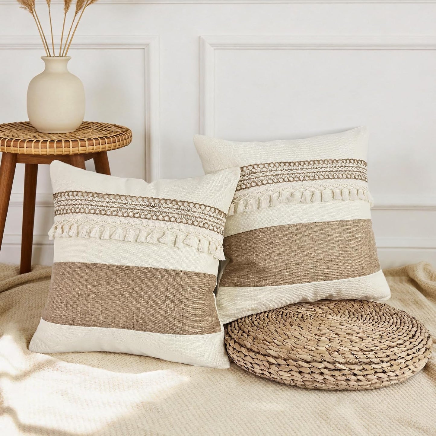 Boho Patchwork Linen Throw Pillow Covers / Boho Beige Tassles-a / 18 x 18 / Set of 2
