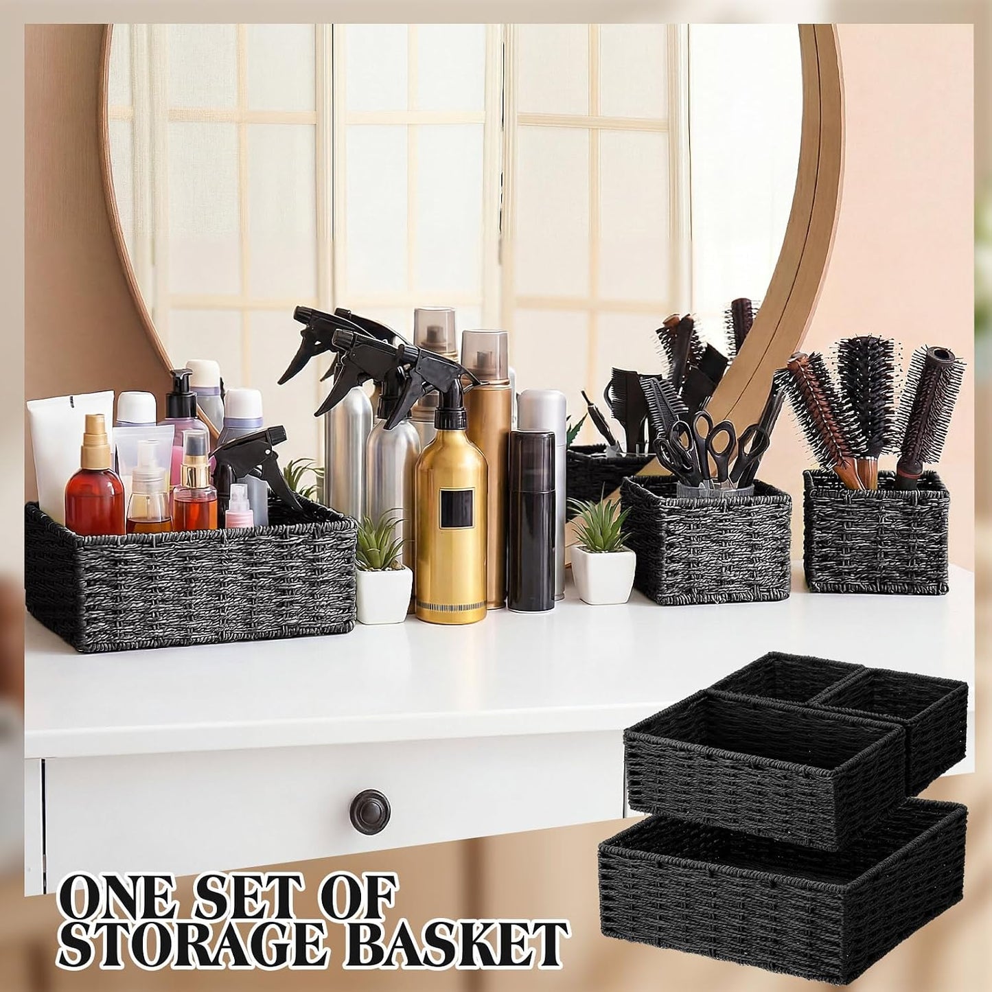 Storage Baskets Set Rustic Paper Rope Woven Decorative Basket / Classic / Black / Set of 4