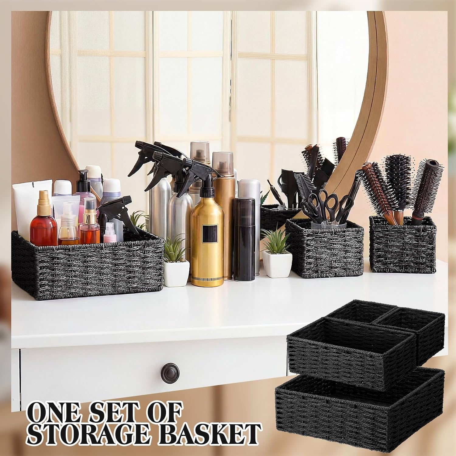 Storage Baskets Set Rustic Paper Rope Woven Decorative Basket / Classic / Black / Set of 4
