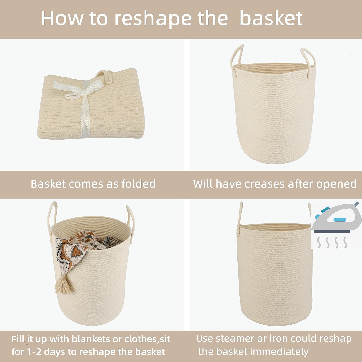 Cotton Rope Laundry Basket Hamper for Clothes Woven Storage Basket / Beige / Regular