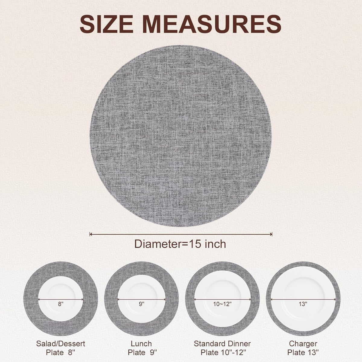 Cotton Linen 15 Inch Round Cloth Place mats, Set of 12, Dark Grey | Washable Table Mats, Heat Resistant, Reversible
