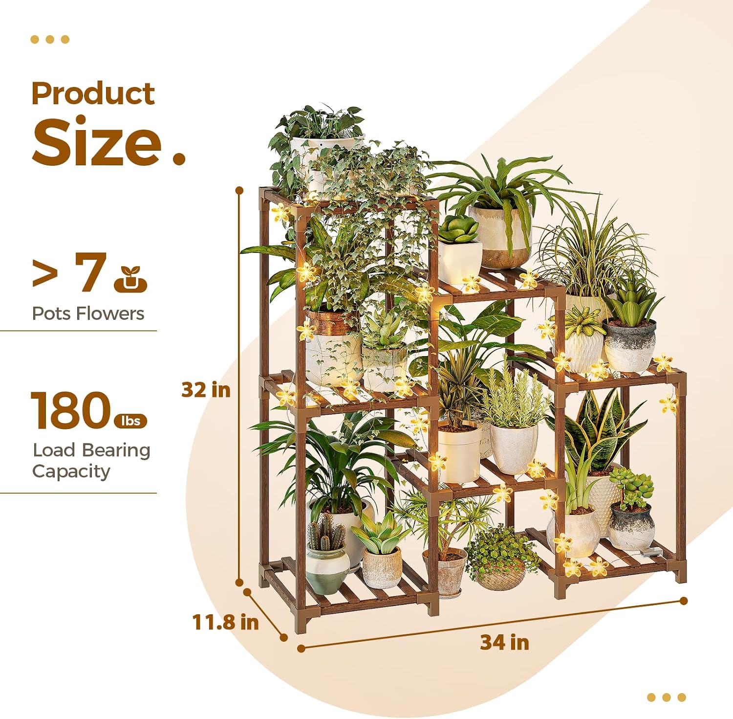 Bamworld Plant Stand Indoor with Flower Fairy Lights Battery Plant Shelf | Wood Plant Rack for Multiple Plants 3 Tiers