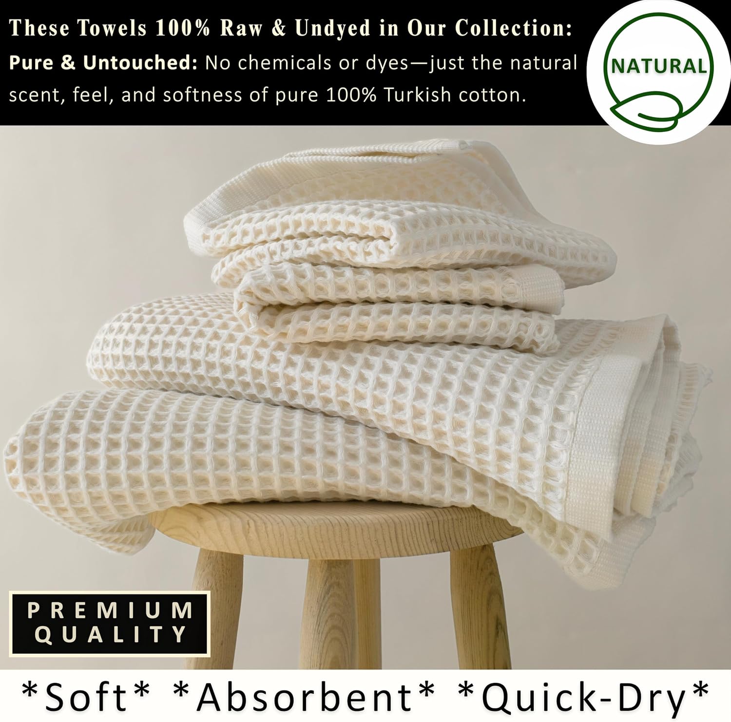 PÜSKÜL Raw-Undyed Natural 100% Turkish Cotton Waffle Towels Set of 4-Piece | 2-Bath sheet (Extra-large 32x63") and