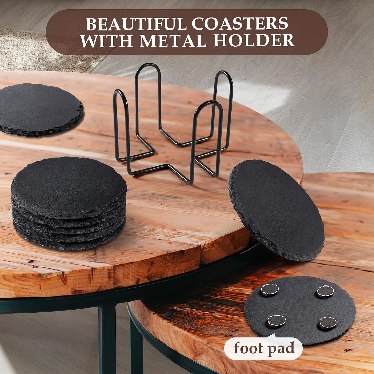 Metal Holder / Round Slate Coasters with Metal Holder / Black / 4 Inch / Set of 8