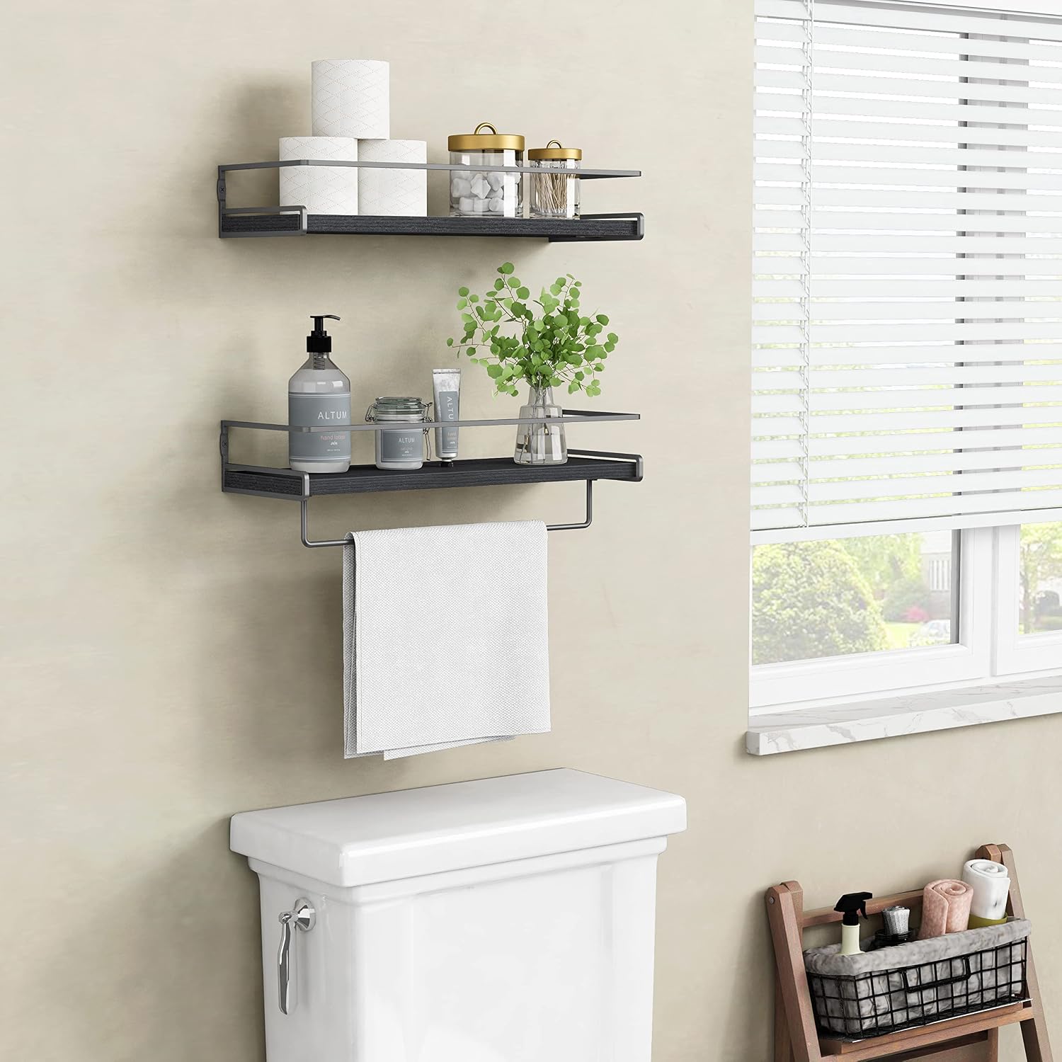 Forbena Black Floating Shelves for Bathroom Wall Set of 2, Kitchen Spice Rack Wall Mount, Modern Wood Hanging Wall