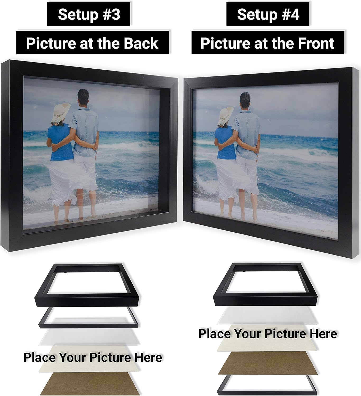 Large Shadow Box, Thick Black Frame | 2 Background Options, Black Felt or Natural Linen | 13x16 ext. Size, fit Photos