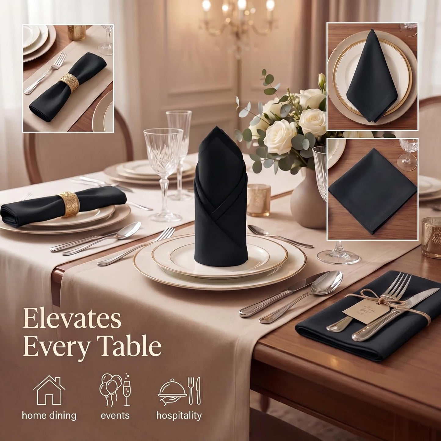 Urban Villa Cloth Napkins Cotton 20x20 (Set of 12) Black