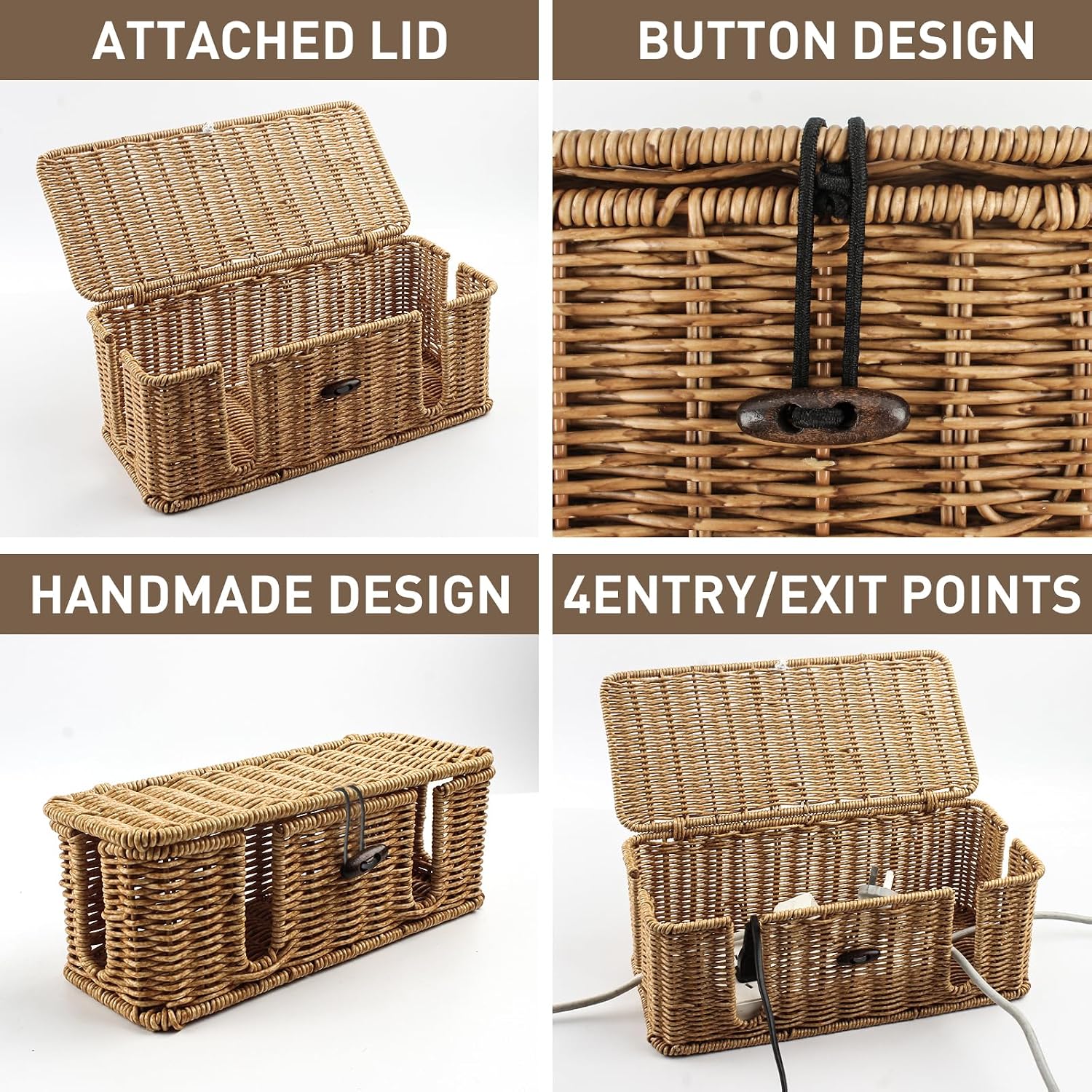 2 Pack Rattan Cable Management Box, Large Cord Organizer Box with Lid Under Desk Router Hider Storage Box with 4 Exits