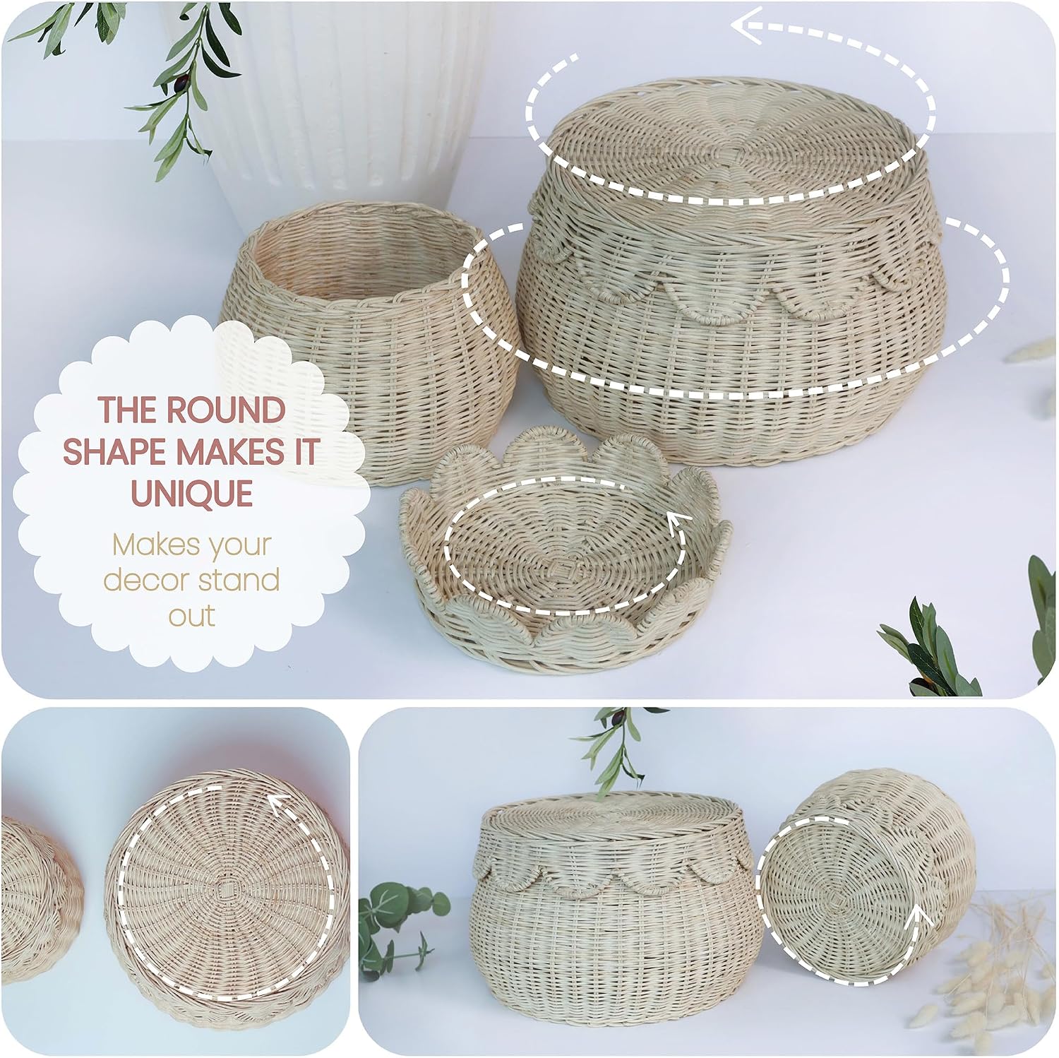 Scalloped Basket Small Rattan Decorative Storage Baskets / Natural / Set of 2
