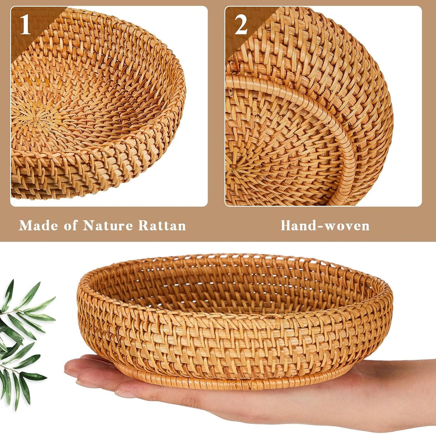 Small Basket for Entryway Table Woven Wicker Key Bowl Basket Rattan Tray / Brown / Round / Set of 3