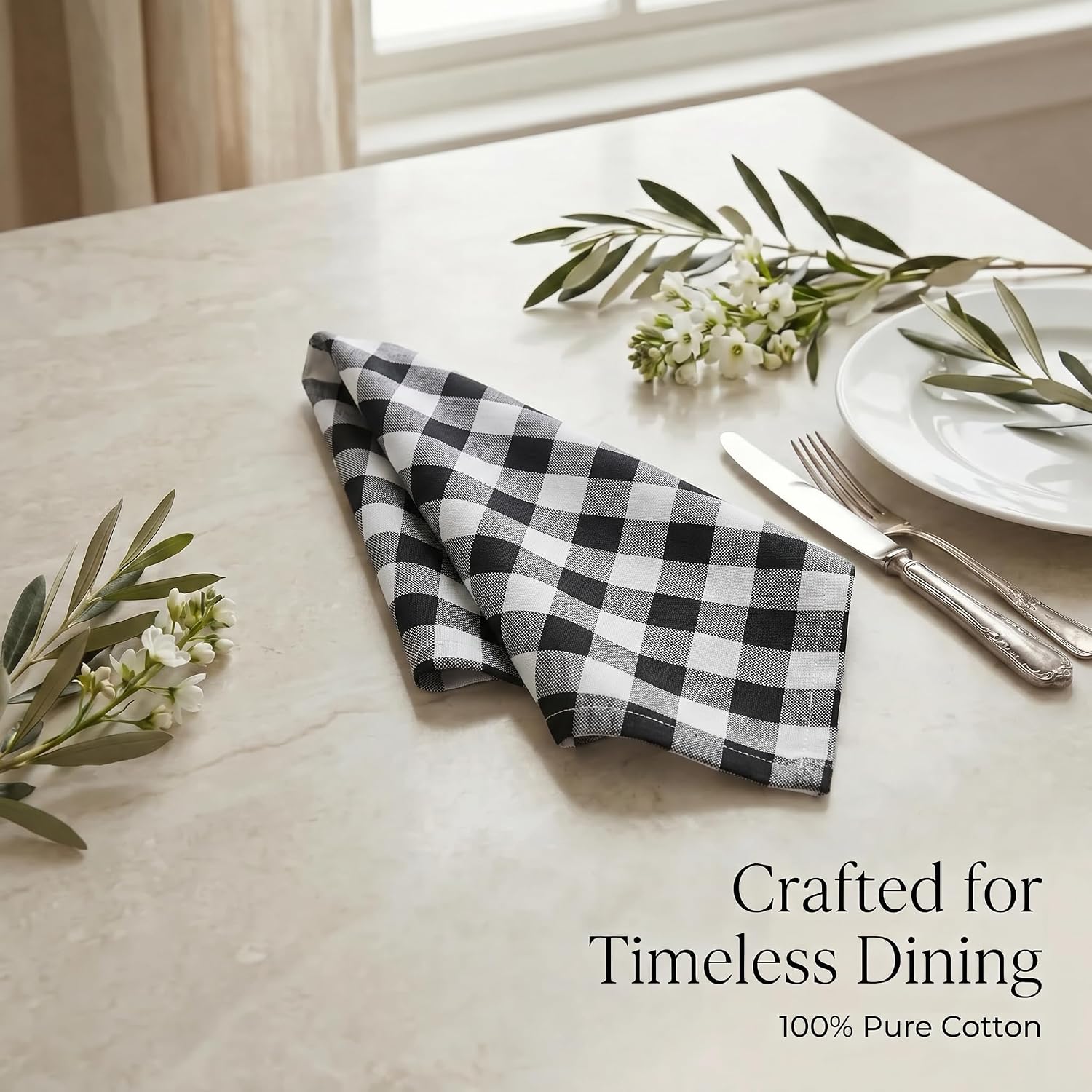 Urban Villa Cloth Napkins Cotton 20x20 (Set of 12) Black Cheks
